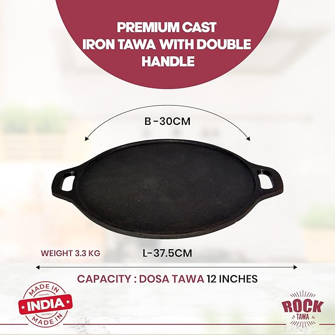 Rock Tawa Dosa cast iron Tawa 12 Inch Pre-Seasoned with Free Wooden Spatula and Silicon Grip Cover - Image 3