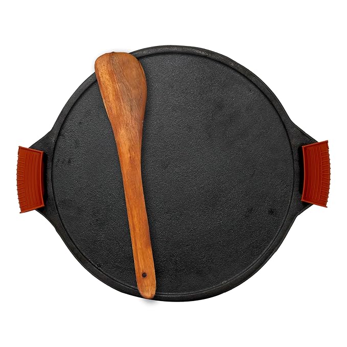 Rock Tawa Dosa cast iron Tawa 12 Inch Pre-Seasoned with Free Wooden Spatula and Silicon Grip Cover