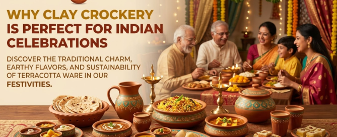 Clay crockery used in Indian festive dining setup with traditional food