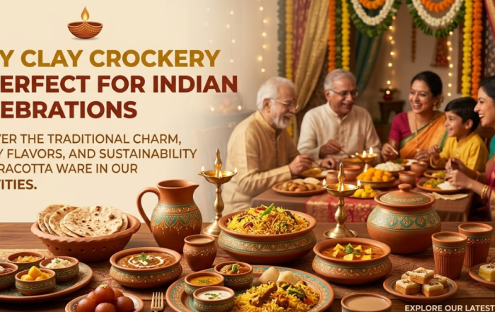 Clay crockery used in Indian festive dining setup with traditional food