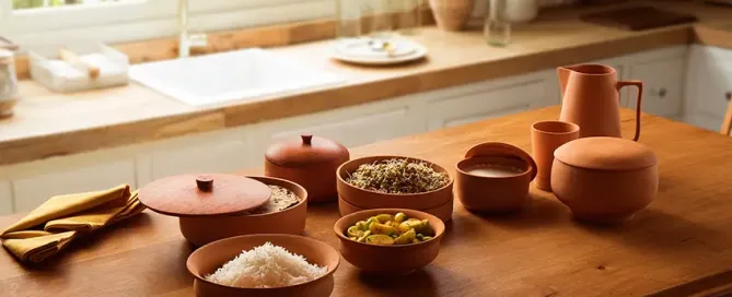 Handmade sustainable crockery plates and bowls made from clay by Indian artisans